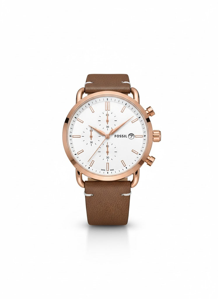 Fossil Chronograph White Dial Men’s Watch – Rose Gold Leather Classic Edition